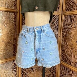 VTG 90s Jean Shorts 9 Cottagecore Daisy Embroidered Floral Light Blue High Rise